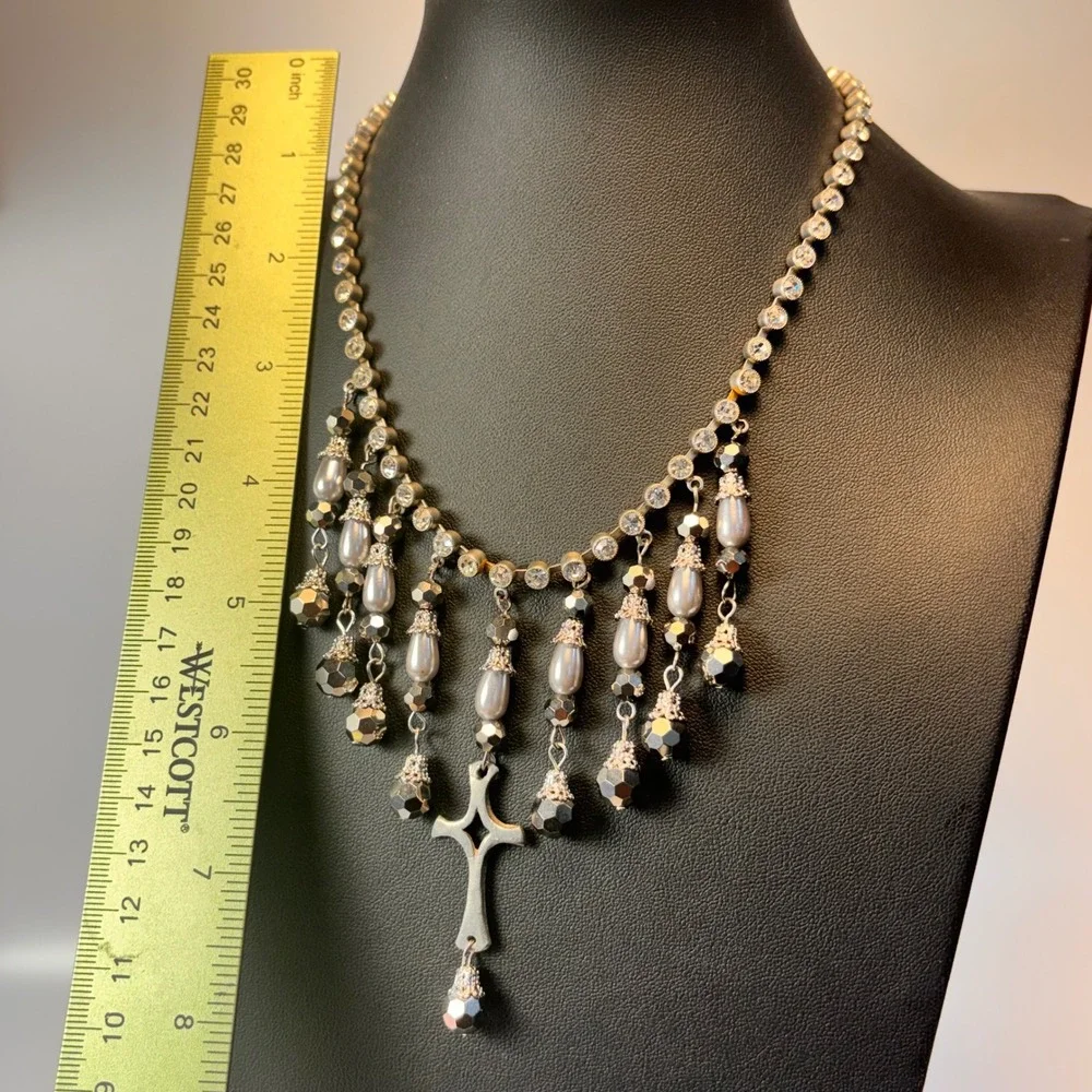 Vintage Cross Fringe Necklace Silver Pearl Rhinestone Goth Whimsygoth Statement